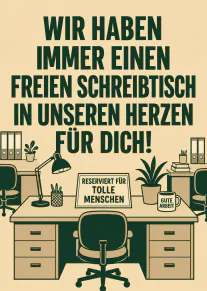 Beige Abschiedskarte mit dunkelgrüner Typografie und Illustration eines leeren Büroschreibtischs.