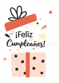 Tarjeta blanca con dos regalos ilustrados, confeti y el texto «¡Feliz Cumpleaños!».