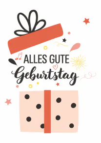 Weisse Geburtstagskarte mit grossem Geschenk, Schleife, Konfetti und dem Schriftzug „ALLES GUTE Geburtstag“.