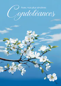 Carte de condoléances avec une branche de fleurs blanches sous un ciel bleu.