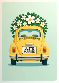 Carte de mariage illustrée d’une coccinelle jaune ornée de fleurs blanches, avec une plaque « JUSTE MARIÉS ».
