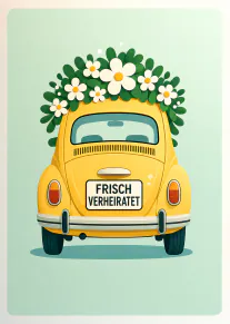 Gelber Hochzeitswagen mit Blumen