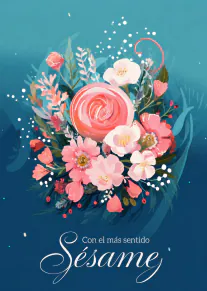 Tarjeta de pésame con un ramo de flores rosas y blancas sobre fondo azul verdoso.