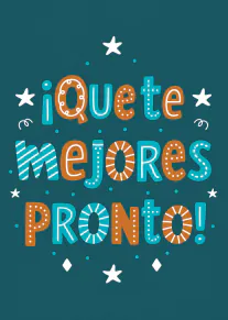 Tarjeta azul verdosa con el mensaje «iQuote MejoRe PRONTO!» en letras turquesas, naranjas y blancas decoradas.