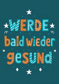 Dunkeltürkise Genesungskarte mit dekorativer Schrift und Sternen.