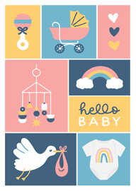 Colorful baby card with stroller, rainbow, and stork design