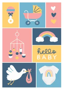 Pastel baby collage with mobile, pram, rainbow, dove, hearts, and hello baby wording for newborns.