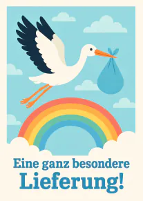 Illustration eines Storches mit Bündel über einem Regenbogen und dem Schriftzug „Eine ganz besondere Lieferung!“
