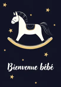 Carte bleu nuit avec un cheval à bascule blanc et doré entouré d’étoiles, portant le texte « Bienvenue bébé ».