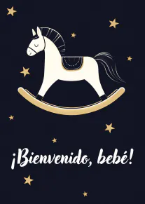 Tarjeta azul marino con un caballo balancín blanco, estrellas doradas y el texto «¡Bienvenido, bebé!».