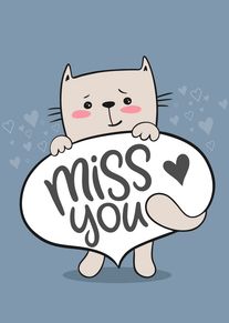 Cute cat hugs a miss you speech bubble surrounded by hearts on a blue background.