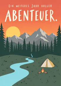 Illustrierte Geburtstagskarte mit Bergen, Wald, Fluss, Zelt und Lagerfeuer bei Sonnenuntergang.