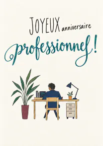 Carte avec le message « JOYEUX anniversaire professionnel ! » et une personne assise à un bureau entouré de plantes.