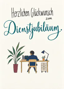 Karte mit Schriftzug zum Dienstjubiläum und einer Person am Schreibtisch neben Zimmerpflanzen.