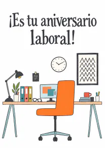 Tarjeta con el texto «¡Es tu aniversario laboral!» sobre un escritorio ilustrado con silla naranja y material de oficina.