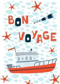 Bon Voyage text with a red boat, starfish, and light blue fish pattern background design.
