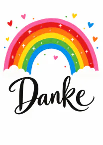 Bunter Regenbogen mit kleinen Herzen über dem Schriftzug „Danke“ in schwarzer Schreibschrift.