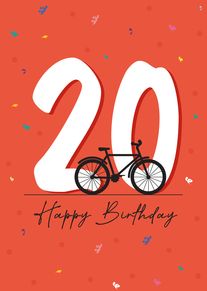 Large number 20 with a bicycle and Happy Birthday on an orange confetti background.