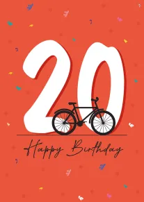 Large number 20 with a bicycle and Happy Birthday on an orange confetti background.
