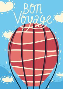 A red striped hot air balloon floats in a blue sky with Bon Voyage lettering.