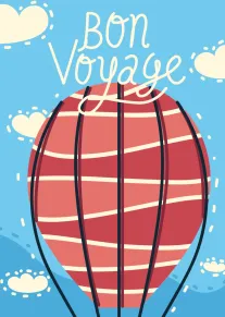 A red striped hot air balloon floats in a blue sky with Bon Voyage lettering.