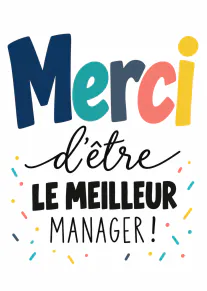 Carte blanche avec le message coloré « Merci d’être le meilleur manager ! » entouré de confettis.