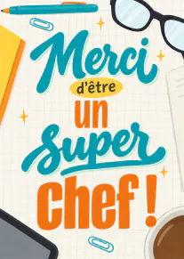Carte de remerciement pour un chef, avec une typographie bleu turquoise et orange sur fond quadrillé, entourée de fournitures de bureau.