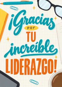 Tarjeta de agradecimiento con tipografía turquesa y naranja, gafas, bolígrafo, cuaderno y taza de café.