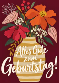 Illustration eines bunten Blumenstraußes in einer gestreiften Vase mit dem Schriftzug „Alles Gute zum Geburtstag!“.