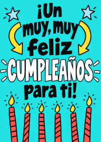 Tarjeta turquesa con el mensaje de feliz cumpleaños, flechas amarillas, estrellas y seis velas encendidas.