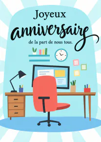Carte bleue illustrée d’un bureau avec le message « Joyeux anniversaire de la part de nous tous. »