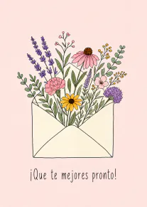 Ilustración de un sobre abierto lleno de flores silvestres sobre fondo rosa, con el texto «¡Que te mejores pronto!».