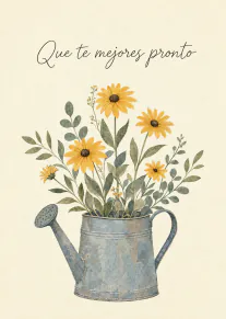 Tarjeta con una regadera metálica llena de flores amarillas y el texto «Que te mejores pronto».
