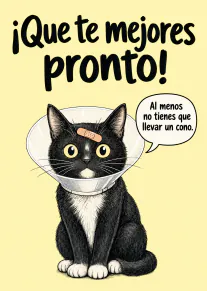 Tarjeta amarilla con un gato negro con collarín y una tirita en la frente.