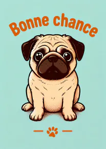 Carte bleu menthe avec un carlin illustré et le message « Bonne Chance » en orange.
