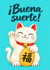 Tarjeta turquesa con un gato japonés blanco sonriente que levanta una pata y sostiene una moneda dorada.