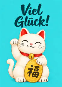 Türkise Karte mit einer winkenden weissen Glückskatze, einer goldenen Münze und dem Schriftzug „Viel Glück!“.