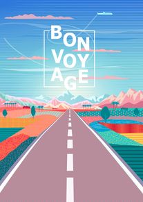 Colorful bon voyage card with road, mountains, clouds and airplane over a vibrant landscape scene.