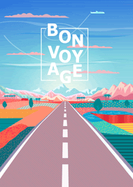 Colorful Bon Voyage Card with Road and Mountain Landscape