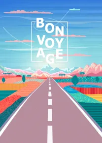 Colorful bon voyage card with road, mountains, clouds and airplane over a vibrant landscape scene.