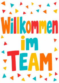 Bunte Karte mit der Aufschrift „Willkommen im Team“ und Konfetti auf weißem Hintergrund.