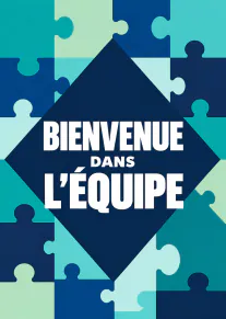 Carte à motifs de pièces de puzzle bleu et turquoise avec le texte « BIENVENUE DANS L’ÉQUIPE ».