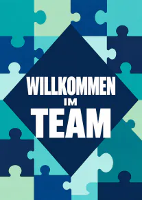 Moderne Karte mit blauen und türkisen Puzzleteilen sowie der Aufschrift „WILKOMMEN IM TEAM“.