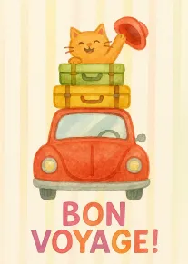 Watercolor cat waves from a red car stacked with suitcases above Bon Voyage text below.