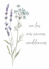 Tarjeta de condolencias con lavanda y pequeñas flores azules en acuarela.