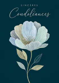 Carte bleu pétrole avec le texte « SINCÈRES Condoléances » et une grande fleur aux pétales bleu pâle.