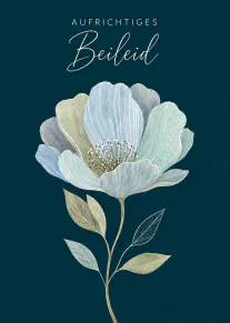 Dunkeltürkise Beileidskarte mit grosser pastellfarbener Blüte und der Aufschrift „AUFRICHTIGES Beileid“.