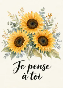 Trois tournesols aquarellés avec feuillage et le texte « Je pense à toi ».