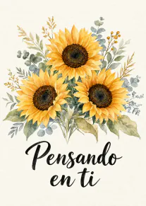 Tarjeta con tres girasoles amarillos y follaje en acuarela sobre fondo crema, con el texto «Pensando en ti».
