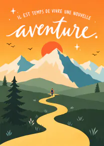 Illustration d’une personne marchant sur un sentier doré vers des montagnes, sous un soleil couchant.